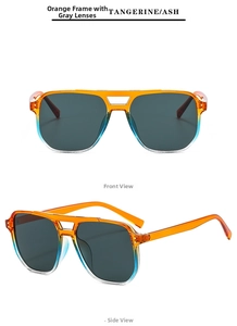 Detail view of large aviator sunglasses with tangerine gradient frame and dark ash lenses