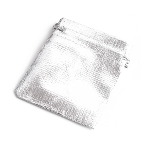 Glossy silver metallic fabric drawstring gift bag for jewelry beads and bracelets