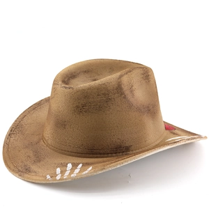 Distressed brown cowboy hat with white skeleton hand and red heart pattern graphics