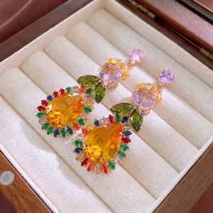 Multicolored Zircon Dangle Earrings With Silver Earring Post Exaggerated Water Drop Retro Copper Jewelry For Women