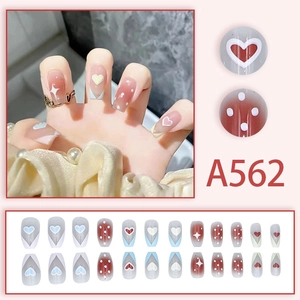 Long trapezoid press-on nails set with blue and burgundy gradient heart patterns