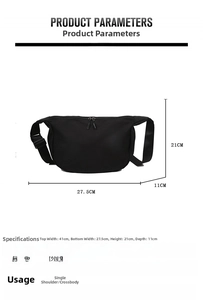 Detailed size specifications of black oxford fabric dumpling bag with measurements and strap info