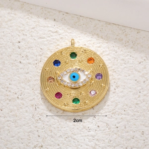 Gold-plated Evil Eye pendant with colorful zircon stones and 2cm size dimension label
