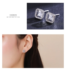 Detailed macro view and model shot of square s925 silver halo zircon stud earrings