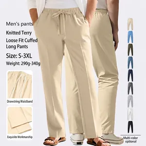 Men Sweatpants Loose Straight Leg Terry Polyester Drawstring Waist Solid Color Casual Sports Joggers Pants