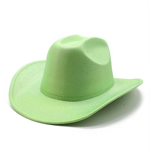 Detailed view of neon green glitter cowboy hat surface with metallic shimmer texture