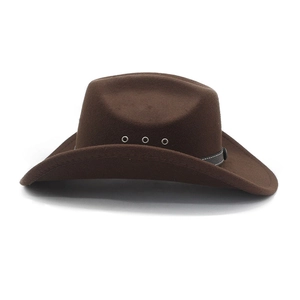 Detail of dark brown felt cowboy hat showing leather band and silver ventilation eyelets