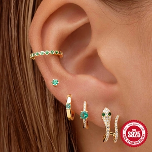 Classic S925 sterling silver gold earrings set with green zircon and snake charms
