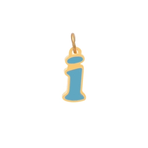 Detail of blue enamel letter i pendant with polished gold tone metal plating and top loop