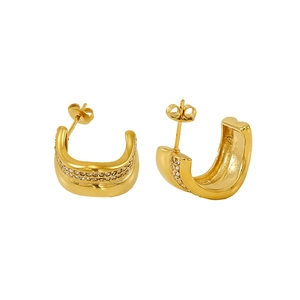 Chic gold titanium steel C-shape earrings with wavy water ripples and sparkling rhinestones