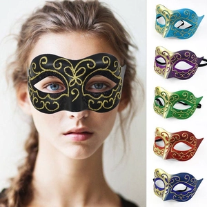 Elegant masquerade half-face mask with gold glitter patterns in six vibrant colors