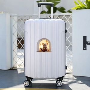 White hardshell suitcase with cartoon mouse reading decal and vertical stripe texture