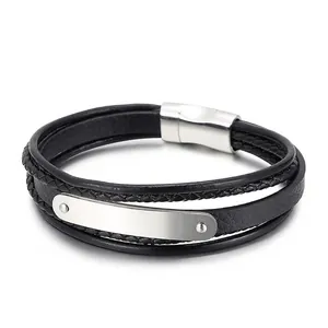 Men Multilayer Leather Bracelet Stainless Steel Curved Plate Woven Bangle Magnetic Clasp Minimalist Jewelry