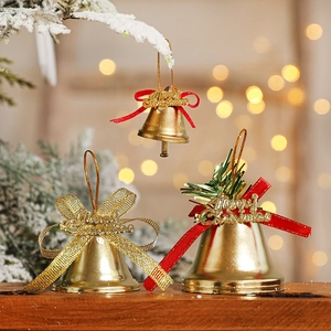 Gold Metal Christmas Tree Decoration Bells With Red Bow Merry Christmas Lettering Hanging Holiday Ornaments