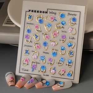 5D Embossed Nail Stickers Blue Rose Flower Gold Line Letter Self-Adhesive Waterproof DIY Manicure Decoration For Women