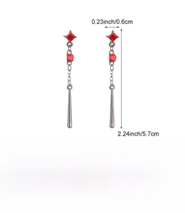 Detailed view of red gemstone drop earrings with precise dimensions 0.6cm by 5.7cm
