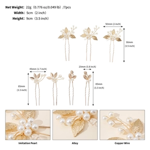 Detailed size specifications for a 7-piece golden leaf and pearl bridal hair pin set