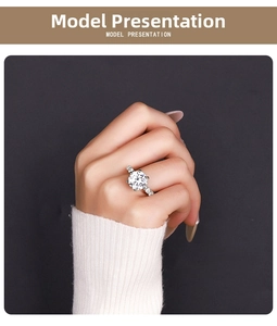 Detail of 5 carat moissanite ring with six-prong setting on female model hand