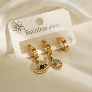 18K vergoldetes Edelstahl-Ohrring-Set mit Evil Eye und Kristall-Anhängern