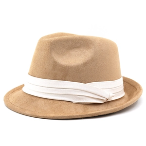Classic khaki suede fedora hat with white layered ribbon band in British gentleman style