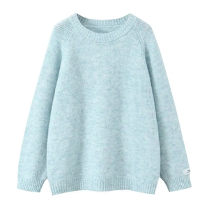 Light blue mohair knit sweater with long sleeves and round neck in a flat lay view