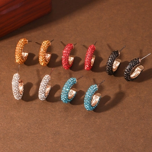 Alloy Rhinestone C-Shape Hoop Earrings Geometric Colorful Trendy Ins Style Jewelry For Women Daily Wear Accessories