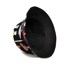 Black bucket hat with colorful mushroom patterns for outdoor leisure sun protection