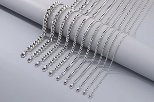 Selection of silver stainless steel Cuban link chains in various thicknesses with lobster clasps