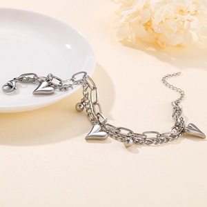 Hip-hop style titanium steel double layer bracelet with heart charms and metallic beads