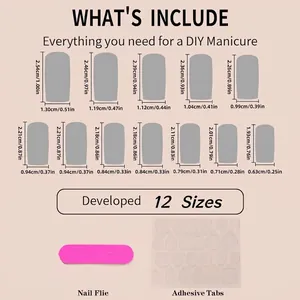 Press on nail kit size guide featuring 12 French tip sizes with nail file and glue tabs