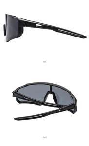 Side and back view of matte black cycling sunglasses with gray semi-transparent lenses