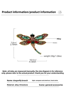 Detailed dimension view of large dragonfly brooch with colorful rhinestones 10.5x7.0cm