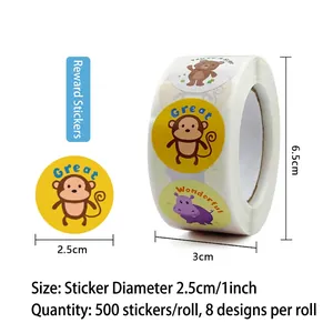 Inspirational animal reward stickers for kids with cartoon patterns and 500 labels per roll