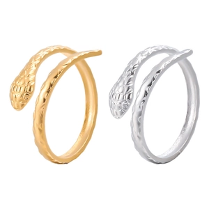 Snake shaped adjustable stainless steel rings in gold and silver finish on white background