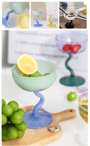 Artistic dessert glass with S-shaped stem for ice cream and yogurt in colorful glass
