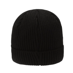 Classic black ribbed knit beanie with fold-over cuff for winter outdoor activities