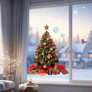 Detailed Christmas tree window decal with gift boxes and snowflakes on glass