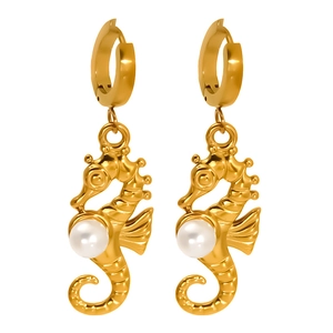 Elegant gold seahorse stud earrings with white pearl inlay in a minimalist design
