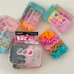 Detail of colorful elastic hair bands in a transparent box with high durability feature