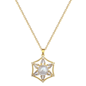 Gold titanium hexagonal necklace with starburst pearls and zircon accents