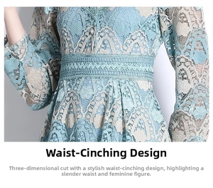 Close-up of the delicate light blue lace embroidery and waist design on this A-line dress