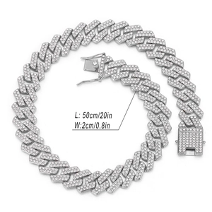 Luxury silver 20mm Cuban link chain necklace with sparkling rhinestones, 50cm length