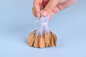 Close-up of rectangular kraft paper price tags with purple strings on blue background