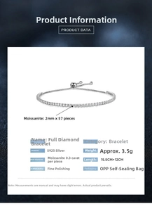 Detail of adjustable S925 sterling silver bracelet featuring 57 brilliant moissanite stones