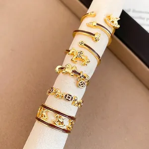 Vintage Horse Coin Open Rings Copper Gold Plated Enamel Zircon Adjustable Retro Fashion Jewelry For Women