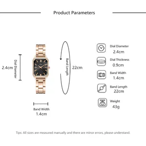 Detail of rectangular steel watch parameters showing dial diameter and band measurements