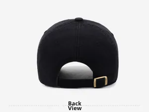 Detail view of the black washed cotton baseball cap featuring an adjustable metal buckle