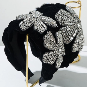 Serre-Tête Rembourré en Velours Noir Luxueux Avec Nœud Floral en Strass de Cristal Serre-Tête Baroque Rétro pour Femme Bijoux