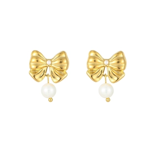 Titanium steel bow earrings with white pearl pendants in a polished gold finish