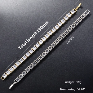 Detail view of gold and silver tennis bracelets with 190mm length and 7.6mm square cubic zirconia